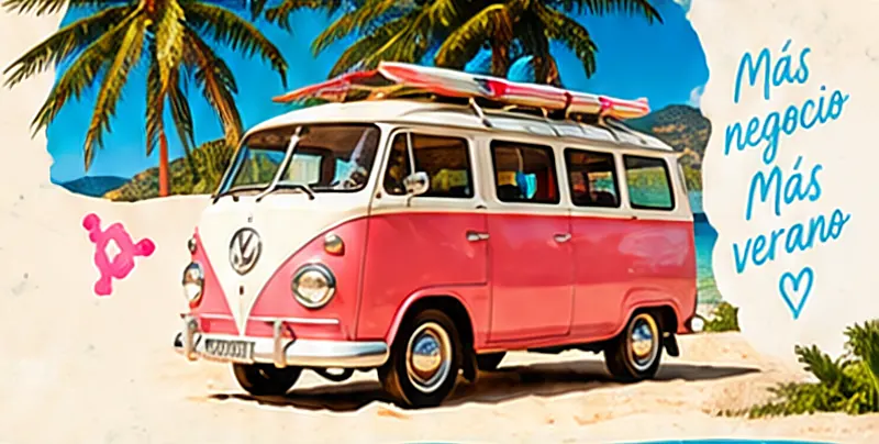 Furgoneta retro rosa con tablas de surf en la playa