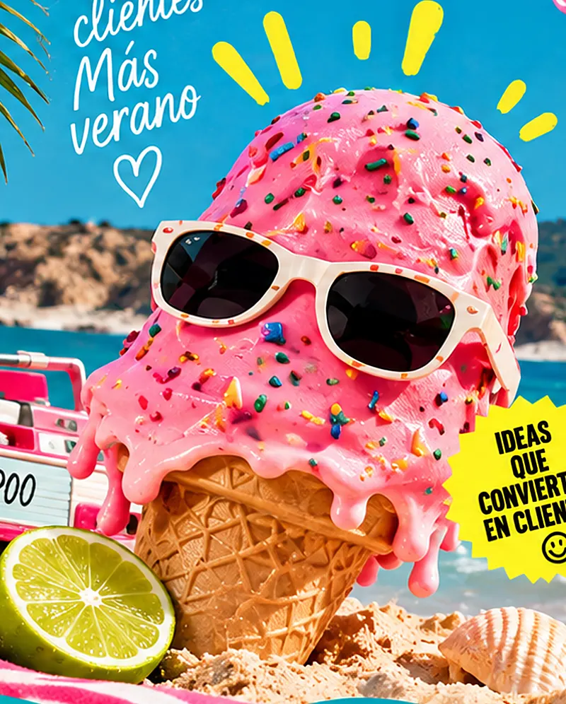 Helado rosa con gafas de sol en la arena